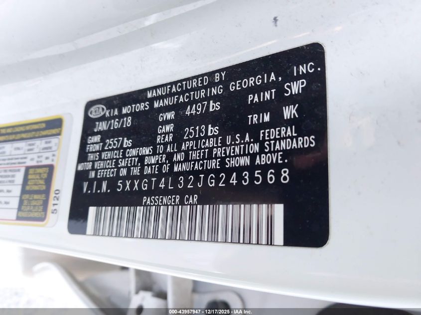 2018 Kia Optima Lx VIN: 5XXGT4L32JG243568 Lot: 43957947