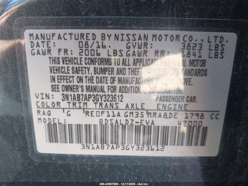 2016 Nissan Sentra Sv VIN: 3N1AB7AP3GY323612 Lot: 43957950