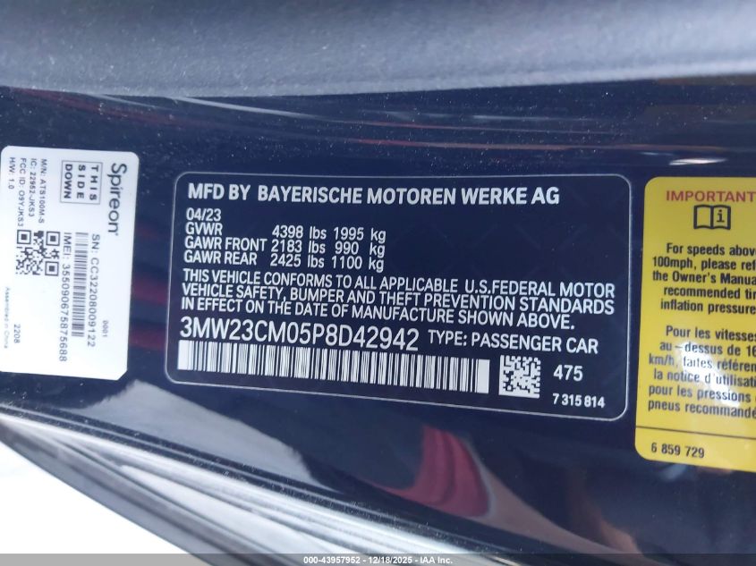 2023 BMW 230 I VIN: 3MW23CM05P8D42942 Lot: 43957952