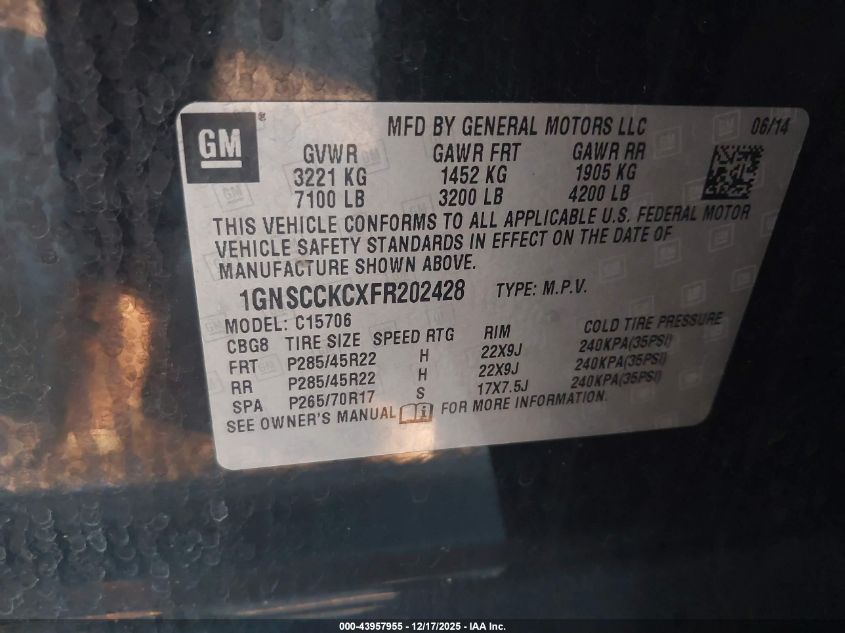 2015 Chevrolet Tahoe Ltz VIN: 1GNSCCKCXFR202428 Lot: 43957955