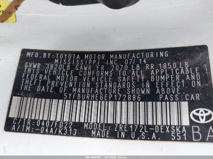 2014 Toyota Corolla S Plus VIN: 5YFBURHE6EP172886 Lot: 43957957