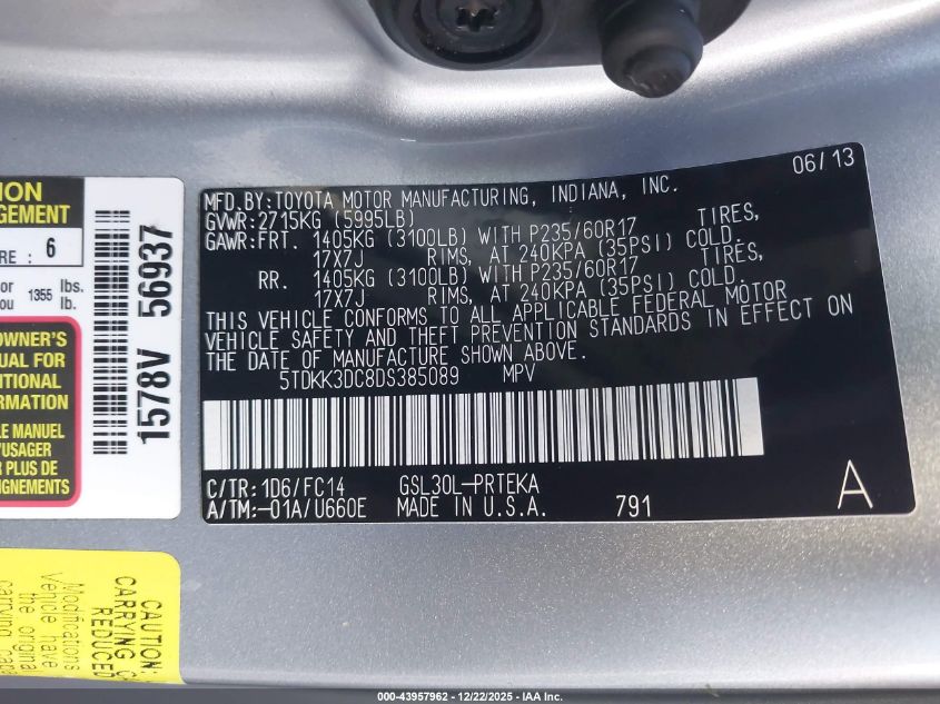 2013 Toyota Sienna Le V6 8 Passenger VIN: 5TDKK3DC8DS385089 Lot: 43957962