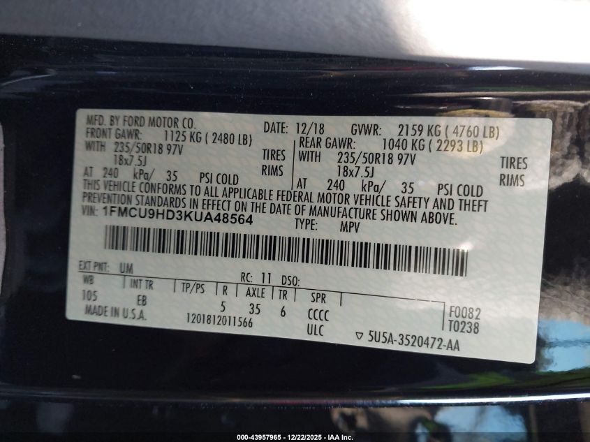 2019 Ford Escape Sel VIN: 1FMCU9HD3KUA48564 Lot: 43957965