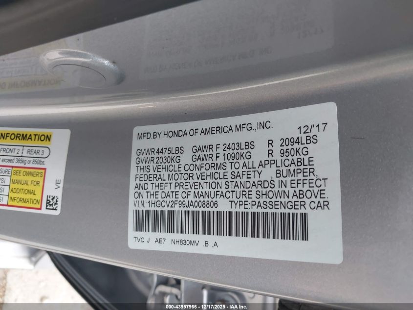 2018 Honda Accord Touring 2.0T VIN: 1HGCV2F99JA008806 Lot: 43957966