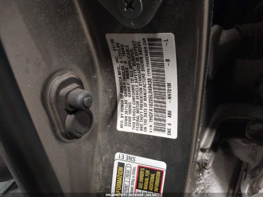 2006 Honda Civic Dx VIN: 1HGFA16206L049438 Lot: 43957971