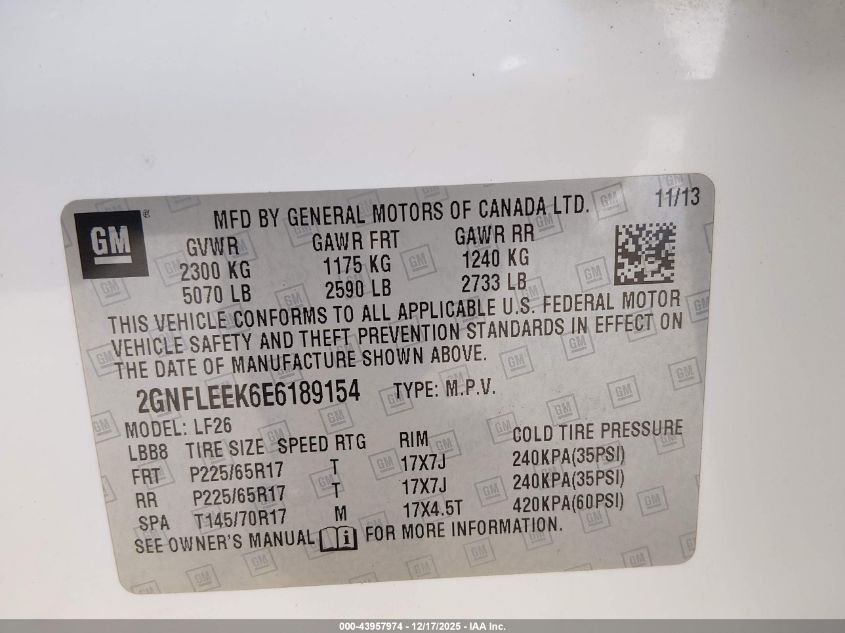 2014 Chevrolet Equinox Ls VIN: 2GNFLEEK6E6189154 Lot: 43957974