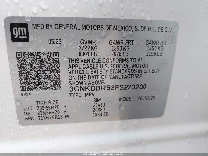 2023 Chevrolet Blazer Fwd 3Lt VIN: 3GNKBDRS2PS223200 Lot: 43957975