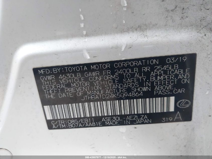 2019 Lexus Is 300 VIN: JTHBA1D24K5094864 Lot: 43957977