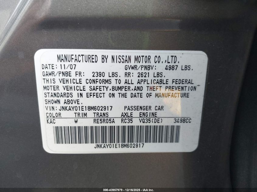 2008 Infiniti M35 VIN: JNKAY01E18M602917 Lot: 43957979