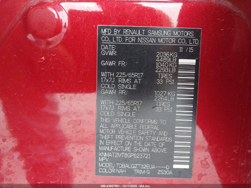 2016 Nissan Rogue Sv VIN: KNMAT2MT8GP623721 Lot: 43957981