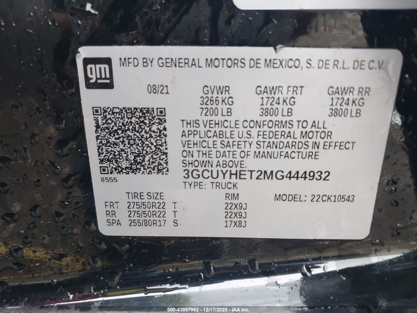 2021 Chevrolet Silverado 1500 4Wd Short Bed High Country VIN: 3GCUYHET2MG444932 Lot: 43957982