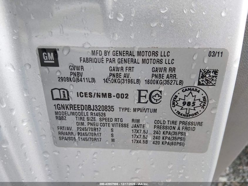 2011 Chevrolet Traverse Ls VIN: 1GNKREED0BJ320835 Lot: 43957986