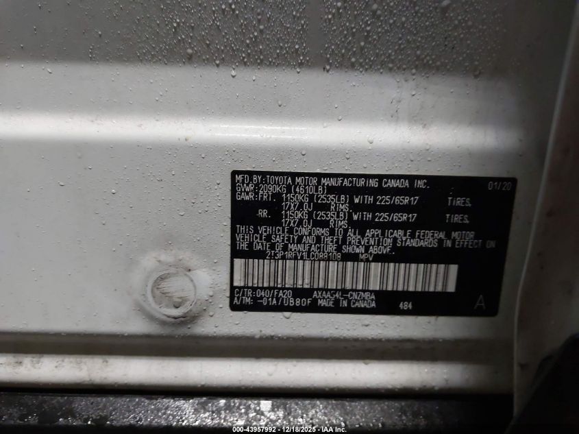 2020 Toyota Rav4 Xle VIN: 2T3P1RFV1LC088108 Lot: 43957992