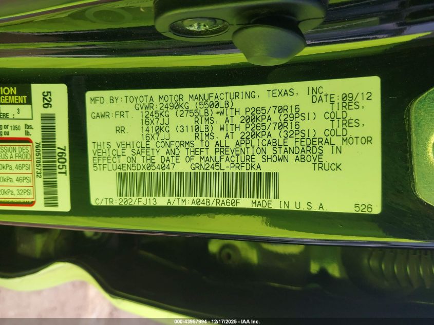 2013 Toyota Tacoma Base V6 VIN: 5TFLU4EN5DX054047 Lot: 43957994