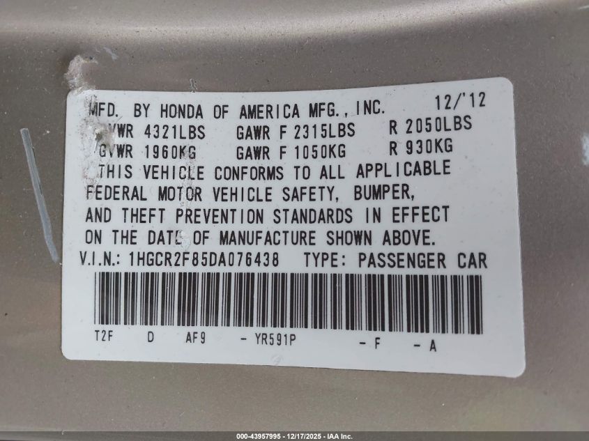 2013 Honda Accord Sdn Ex-L VIN: 1HGCR2F85DA076438 Lot: 43957995