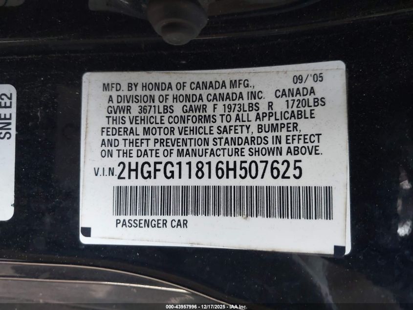 2006 Honda Civic Ex VIN: 2HGFG11816H507625 Lot: 43957996