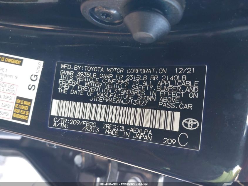 2022 Toyota Corolla Le VIN: JTDEPMAE8NJ213427 Lot: 43957998