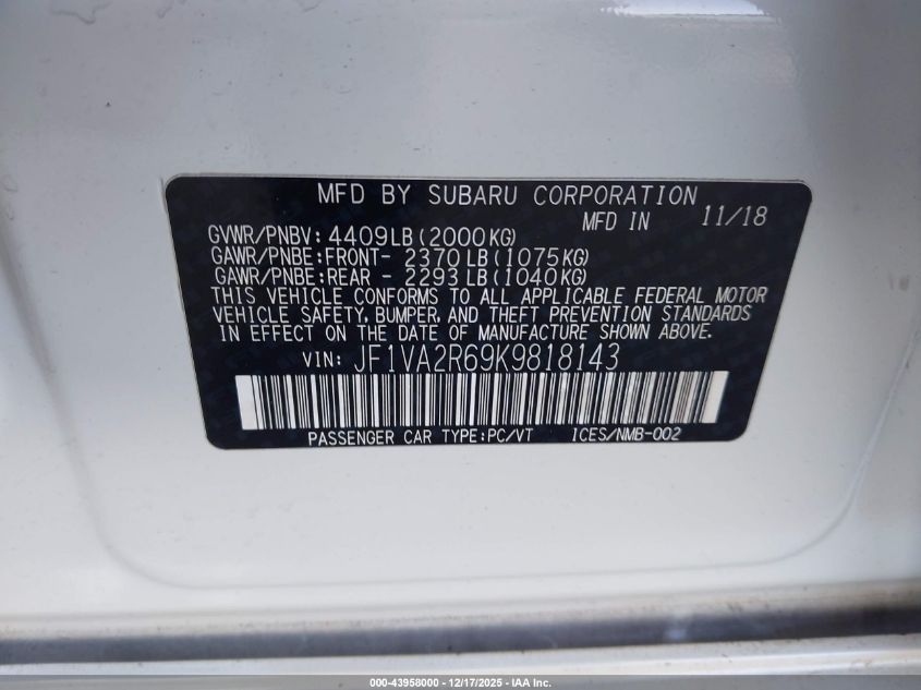 2019 Subaru Wrx Sti VIN: JF1VA2R69K9818143 Lot: 43958000