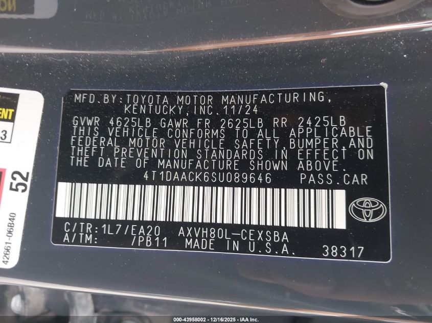 2025 Toyota Camry Se VIN: 4T1DAACK6SU089646 Lot: 43958002