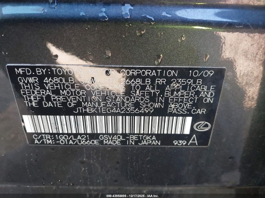 2010 Lexus Es 350 VIN: JTHBK1EG4A2356499 Lot: 43958005