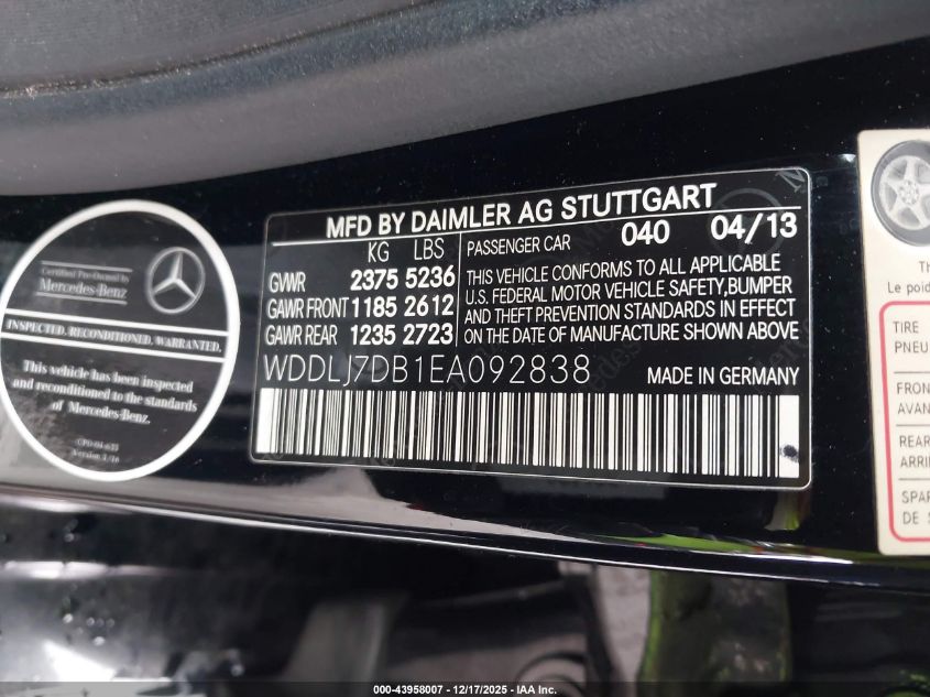 2014 Mercedes-Benz Cls 550 VIN: WDDLJ7DB1EA092838 Lot: 43958007