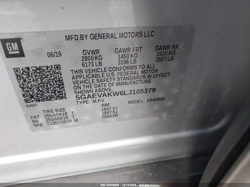 2020 Buick Enclave Awd Essence VIN: 5GAEVAKW6LJ105379 Lot: 43958009