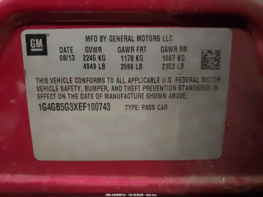 2014 Buick Lacrosse Leather Group VIN: 1G4GB5G3XEF100743 Lot: 43958010