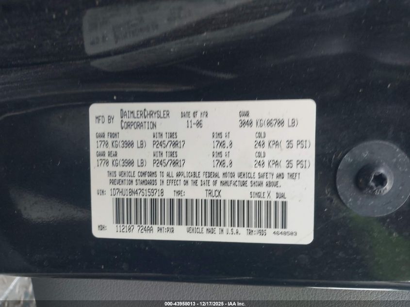 2007 Dodge Ram 1500 Slt/Trx4 Off Road/Sport VIN: 1D7HU18N47S159718 Lot: 43958013