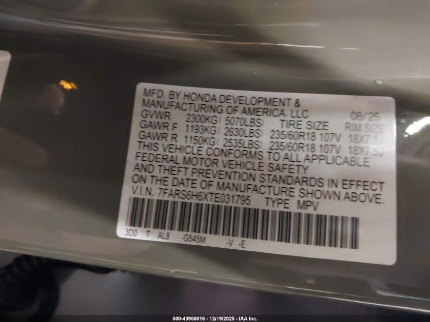 2026 Honda Cr-V Hybrid Awd Trailsport VIN: 7FARS6H6XTE031795 Lot: 43958016