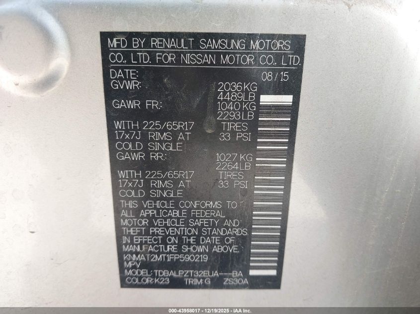 2015 Nissan Rogue S VIN: KNMAT2MT1FP590219 Lot: 43958017