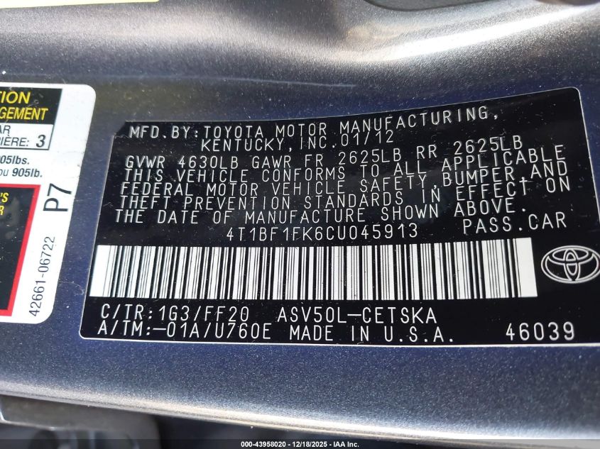 2012 Toyota Camry Se VIN: 4T1BF1FK6CU045913 Lot: 43958020