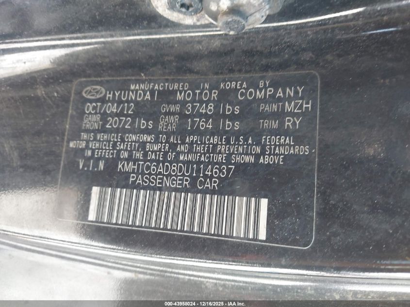 2013 Hyundai Veloster Base W/Gray VIN: KMHTC6AD8DU114637 Lot: 43958024