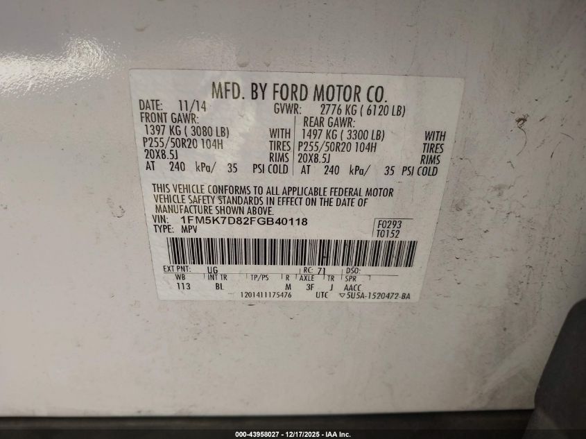 2015 Ford Explorer Xlt VIN: 1FM5K7D82FGB40118 Lot: 43958027