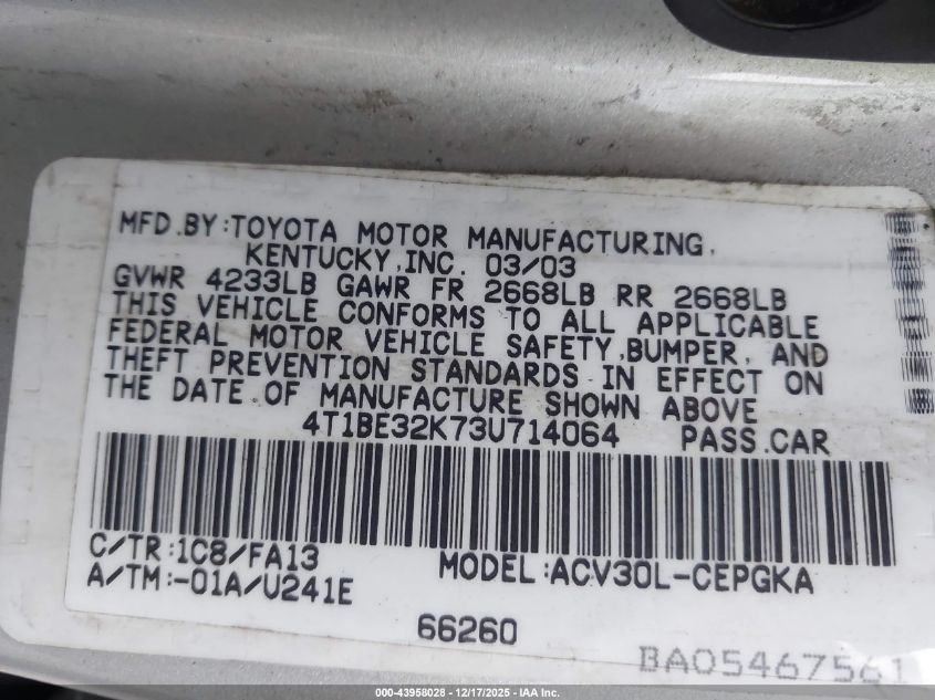 2003 Toyota Camry Xle VIN: 4T1BE32K73U714064 Lot: 43958028