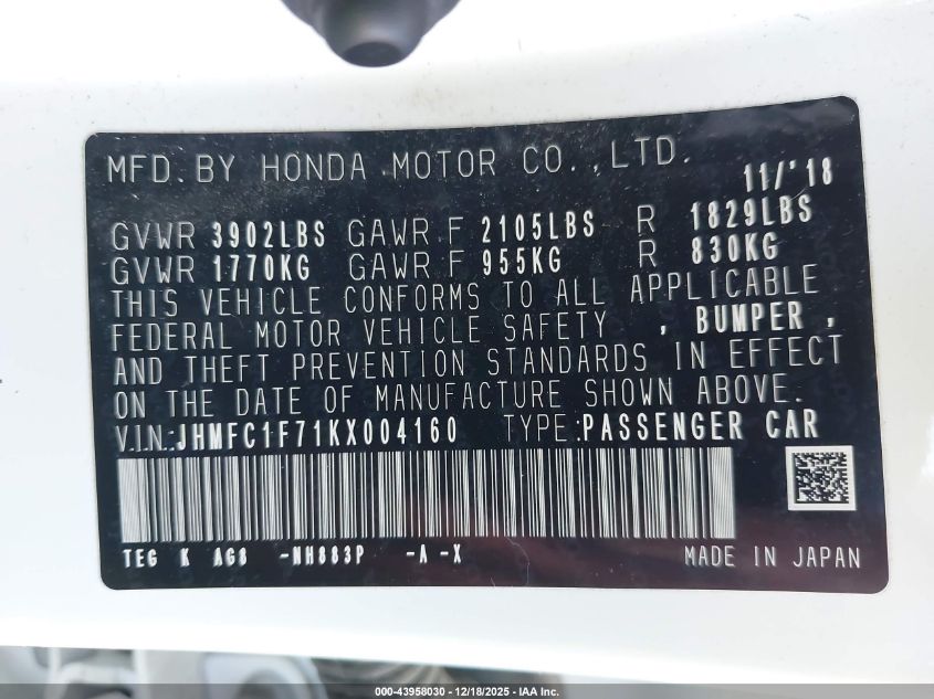 2019 Honda Civic Ex-L VIN: JHMFC1F71KX004160 Lot: 43958030
