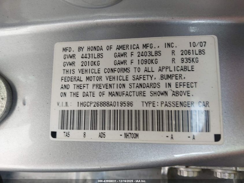 2008 Honda Accord 2.4 Ex-L VIN: 1HGCP26888A019596 Lot: 43958031