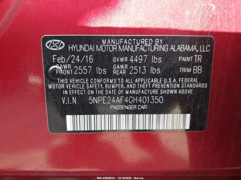 2016 Hyundai Sonata Se VIN: 5NPE24AF4GH401350 Lot: 43958033