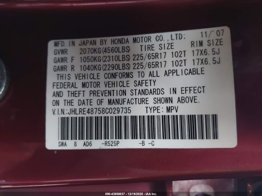 2008 Honda Cr-V Ex-L VIN: JHLRE48758C029735 Lot: 43958037