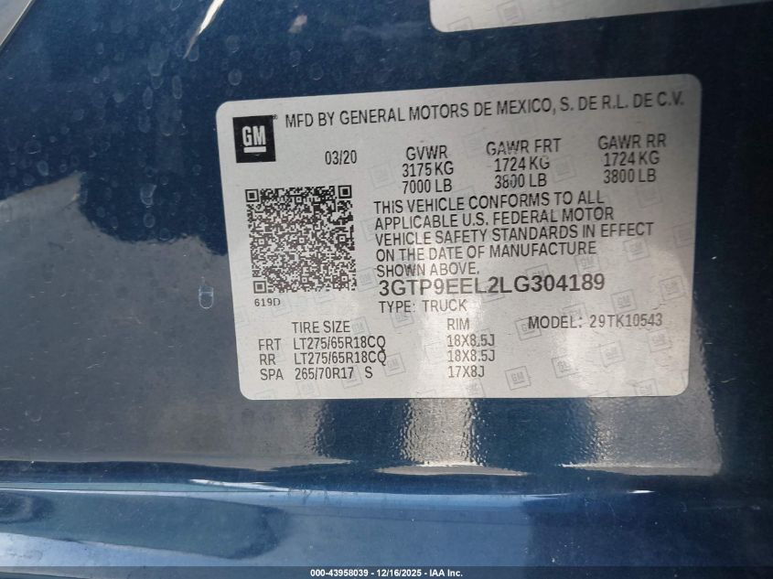 2020 GMC Sierra 1500 4Wd Short Box At4 VIN: 3GTP9EEL2LG304189 Lot: 43958039