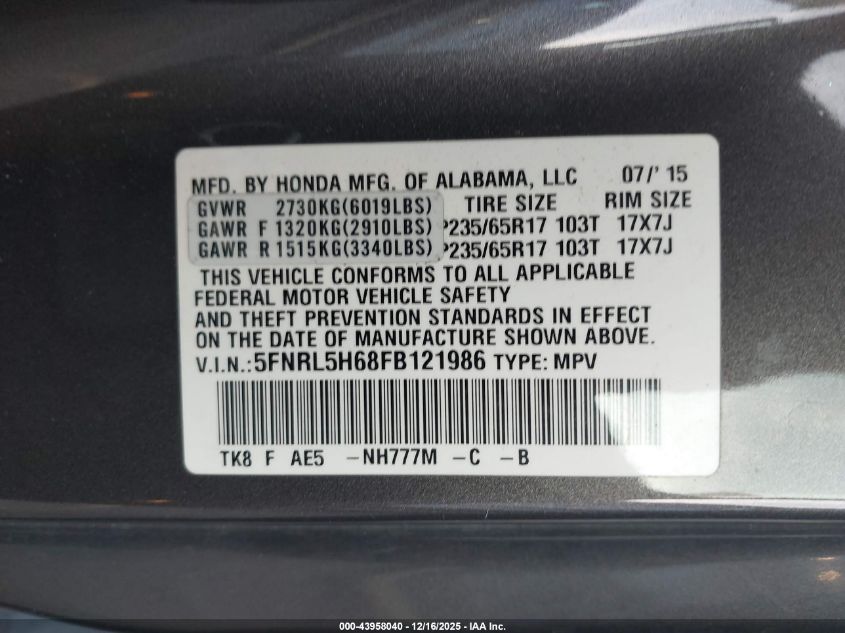 2015 Honda Odyssey Ex-L VIN: 5FNRL5H68FB121986 Lot: 43958040