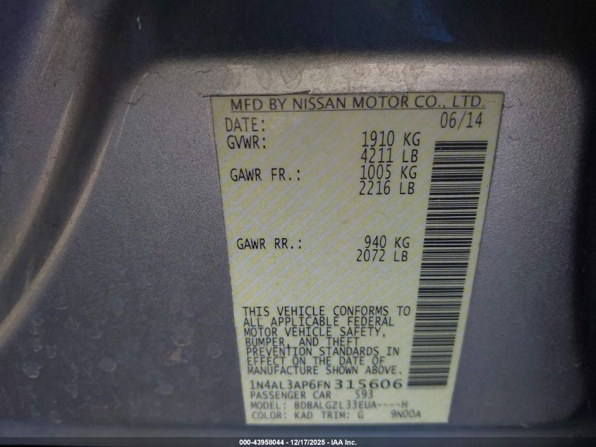 2015 Nissan Altima 2.5 S VIN: 1N4AL3AP6FN315606 Lot: 43958044