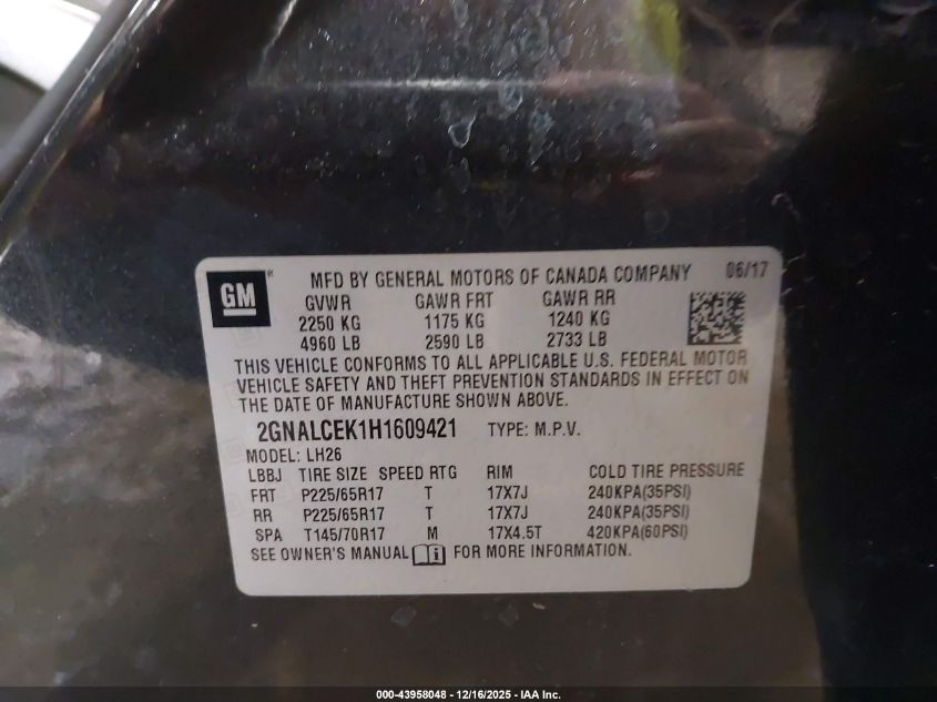 2017 Chevrolet Equinox Lt VIN: 2GNALCEK1H1609421 Lot: 43958048