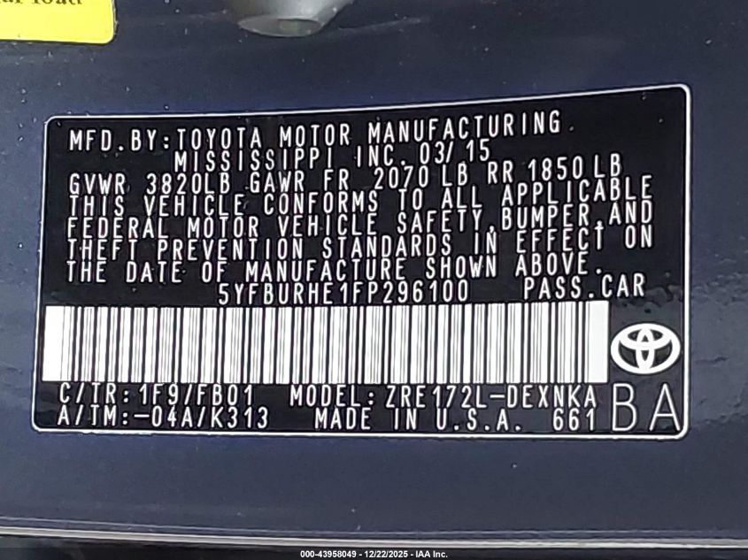 2015 Toyota Corolla Le VIN: 5YFBURHE1FP296100 Lot: 43958049