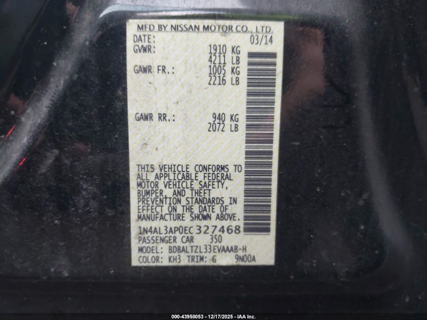 2014 Nissan Altima 2.5 Sv VIN: 1N4AL3AP0EC327468 Lot: 43958053