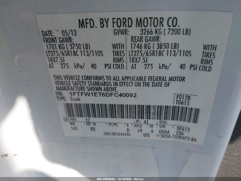 2013 Ford F-150 Fx4 VIN: 1FTFW1ET6DFC40092 Lot: 43958054