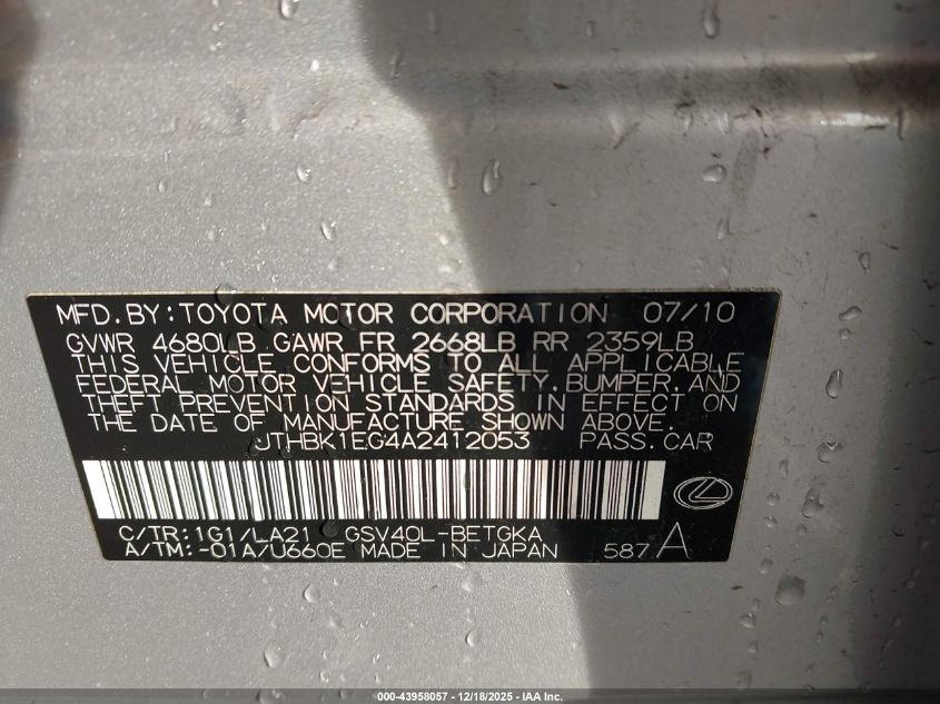 2010 Lexus Es 350 VIN: JTHBK1EG4A2412053 Lot: 43958057