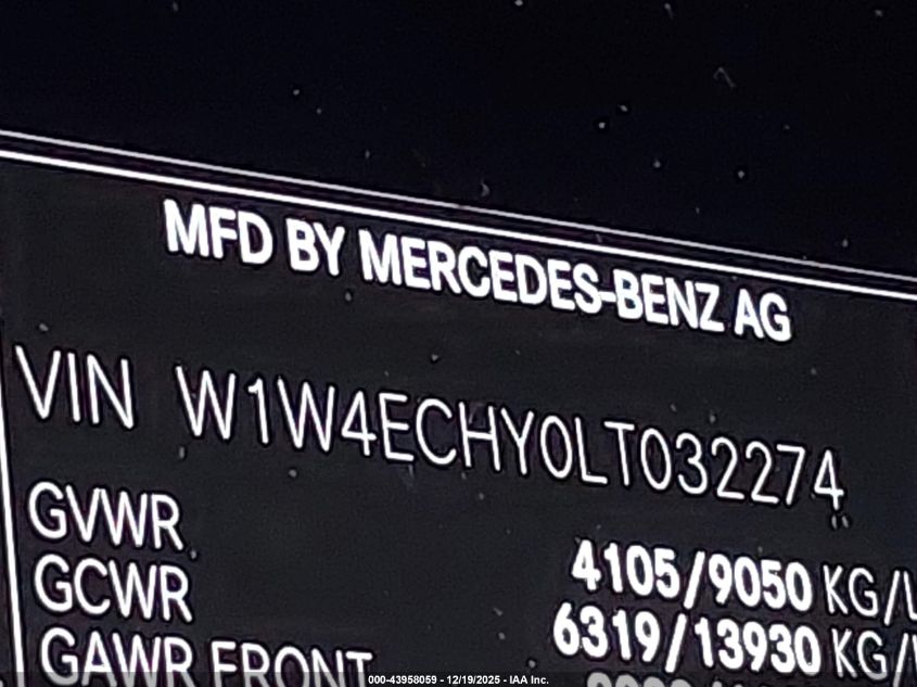 2020 Mercedes-Benz Sprinter 2500 High Roof V6 VIN: W1W4ECHY0LT032274 Lot: 43958059