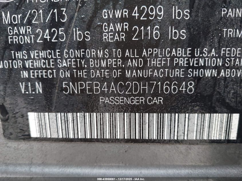 2013 Hyundai Sonata Gls VIN: 5NPEB4AC2DH716648 Lot: 43958061