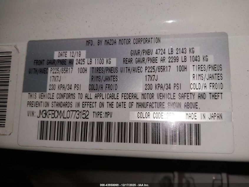 2020 Mazda Cx-5 Touring VIN: JM3KFBCMXL0773152 Lot: 43958069
