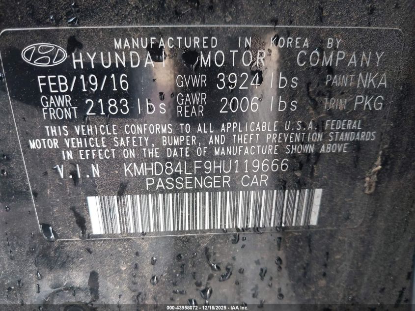 2017 Hyundai Elantra Limited VIN: KMHD84LF9HU119666 Lot: 43958072